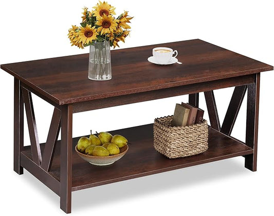 WLIVE Coffee Table with Storage Shelf, 39.4" Farmhouse Coffee Table with V-Frame Support, 2-Tier Wood Rustic Center Table for Living Room, Bedroom & Balcony, Espresso