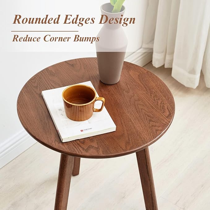 100% Solid Oak Small Side Table - Easy Assembly Round End Table with 3 Legs Pillars for Living Room, Bedroom, or Balcony - Mid Century Modern Nightstand for Small Spaces (Walnut, 2)