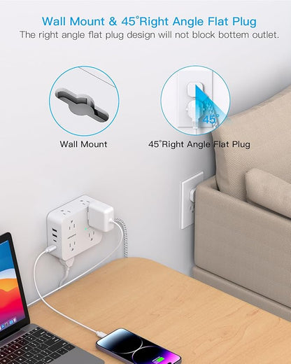 Extension Cord 25 Ft, HANYCONY 1080J Surge Protector Power Strip Long Cord with 8 AC Outlets and 4 USB Ports (2 USB-C), Wall Mount, Desk Charging Station for Home Office College Dorm Room Essentials