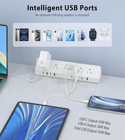 45W Fast Charging Station,Desk Clamp Power Strip,4 PD USB-C Ports,5 AC Outlets,Surge Protector Power Strip, 14AWG Heavy Duty Cord, Fits 1.9" Tabletop Edge (White, 10 FT Cable)