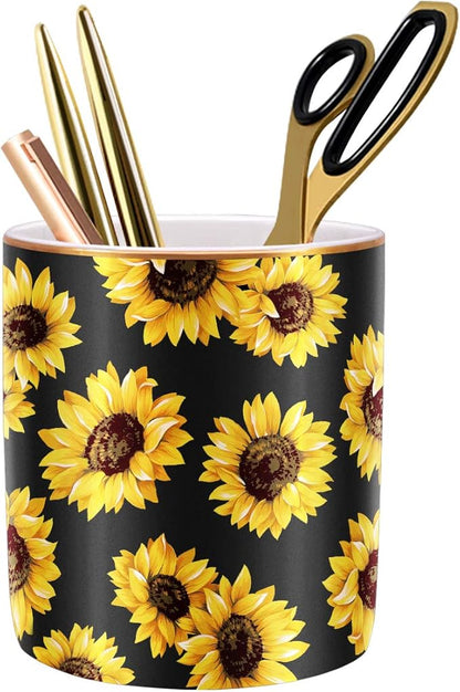 WAVEYU Pen Holder, Cute Pencil Holder for Desk, Makeup Brush Holder Floral Pattern, Pencil Cup for Girls Women, Durable Ceramic Desk Organizer Flower Decor for Office, Classroom, Sunflower