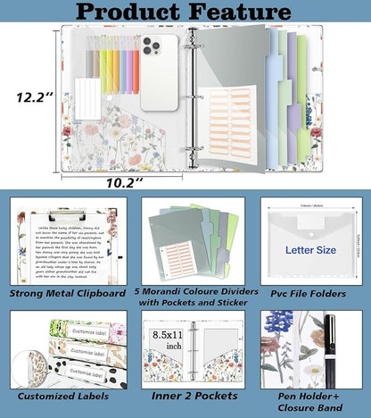 3 Ring Binder 1 Inch, Three Ring Binders Organizer with Clipboard, 5-Tabs Pockets Dividers, Plastic Folder, 18 Divider Stikers, BVSSX Cute Binder with Pen Loop (Blue Bloom, Letter Size)