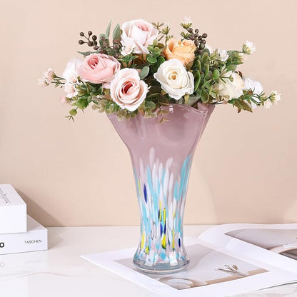 9.0" H Blush Glass Vases for Flowers, Unique Hand Blown Glass Vase Blush Home Decor, Wide Mouth Colorful Flower Vase Centerpieces, for Living Room Table Bookshelf, Bathroom Office Shelf Decorative