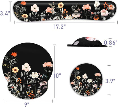 Ergonomic Mouse Pad with Wrist Rest and Keyboard Wrist Rest, Wrist Rest for Computer Keyboard, Easy Typing, Pain Relief, Black Mouse Pad with Wrist Support for Gaming,Office, Laptop, Garden Flowers