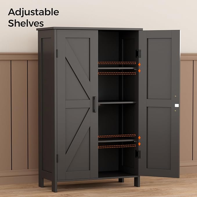 Homleke Farmhouse Bathroom Cabinet with Adjustable Shelves, Free-Standing Storage Cabinet with Barn Doors, for Kitchen, Living Room, Dining Room, Entryway, Black
