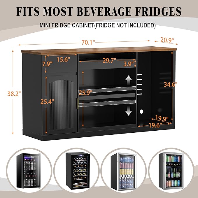 GDLF Snack Bar Cabinet with Fridge Space, 70.1" Snack Organizer with Storage and Candy Display Shelf, Coffee Station for Home Theater or Game Room with LED Lights, Black