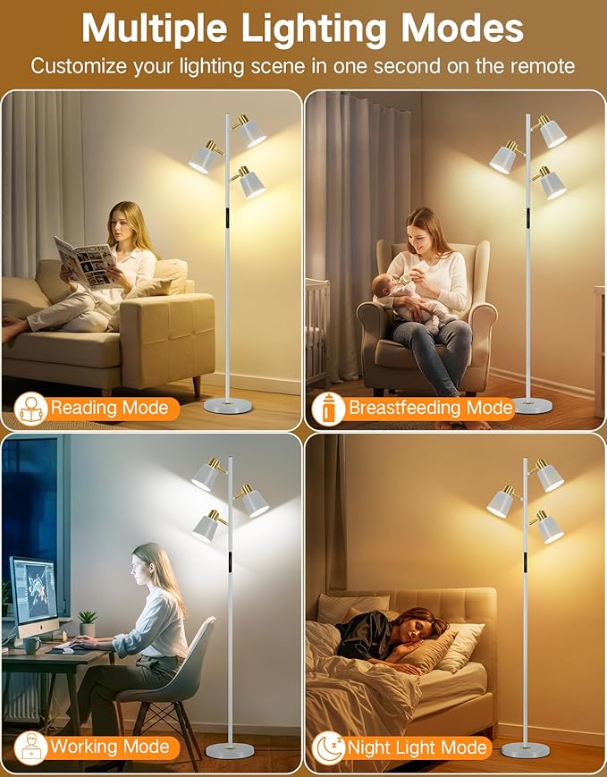 OUTON LED Tree Floor Lamp, Modern Dimmable Standing Lamp with Remote & Touch Control, 4 Color Temperatures, 3 Rotatable Lights Floor Lamps for Living Room, Bedroom, Office, Grey & Gold