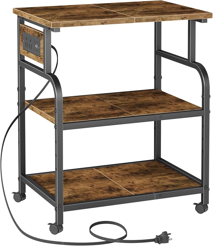 YAOHUOO 3 Tier Large Printer Stand with Power Outlet/Adjustable Shelf | 22"x15" Large Top,Fit 2-3 printers,Rolling Cart with Wheels,Table for Home Office,Fit 3D Printer/Heat Press/Laser,Brown