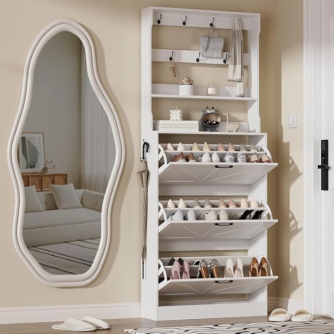 EOYUTLLY Shoe Cabinet Storage for Entryway, Narrow Shoe Rack Cabinet with 3 Flip Drawers & Coat Rack, Hidden Shoe Storage Cabinet, 2-in-1 Hall Tree Slim Freestanding Shoe Rack Organizer, White