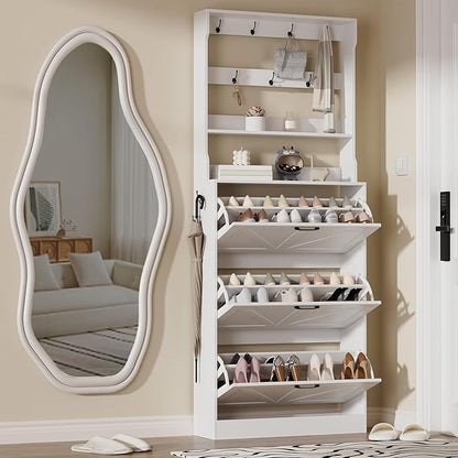 EOYUTLLY Shoe Cabinet Storage for Entryway, Narrow Shoe Rack Cabinet with 3 Flip Drawers & Coat Rack, Hidden Shoe Storage Cabinet, 2-in-1 Hall Tree Slim Freestanding Shoe Rack Organizer, White