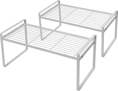 Shantton 2Pack Cabinet Shelf Organizer Storage Rack Space Saving for Kitchen Counter Pantry Bathroom Cupboard Under Sink Office Table Desk Steel Stackable Rust Resistant Heavy Duty Nonslip 16” White