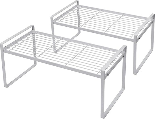 Shantton 2Pack Cabinet Shelf Organizer Storage Rack Space Saving for Kitchen Counter Pantry Bathroom Cupboard Under Sink Office Table Desk Steel Stackable Rust Resistant Heavy Duty Nonslip 16” White