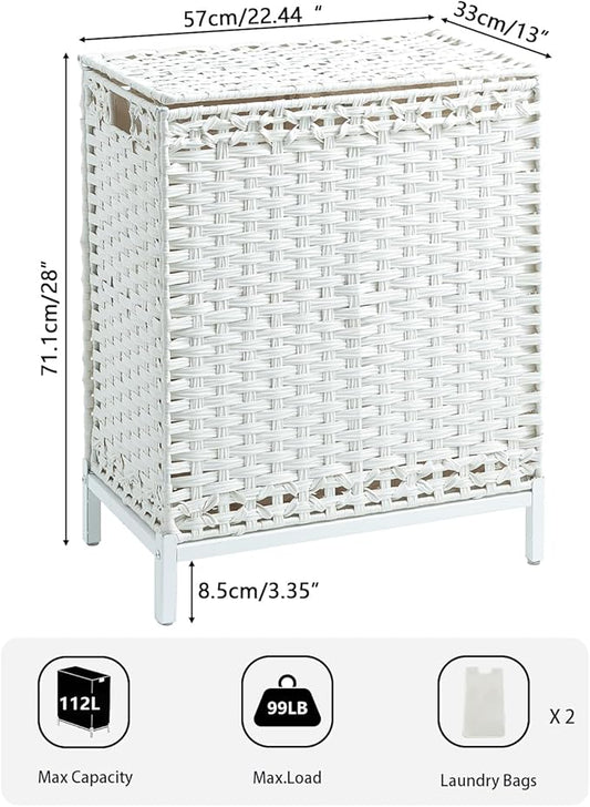 SETVSON Laundry Hamper with Lid,112 L Handwoven Rattan Wicker Laundry Basket, 2 Removable Liner Bags Metal Heightened Feet,6 Mesh Bags,2 Section Large Clothes Hamper for Bathroom Bedroom, Cloud White