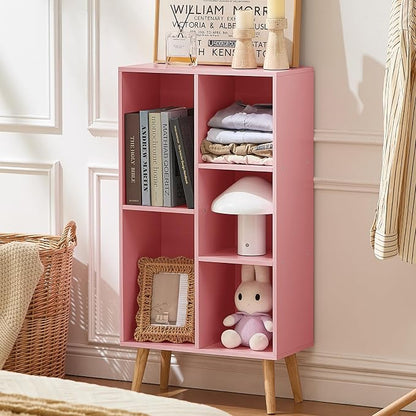 LEYAOYAO 5 Cube Bookshelf 3-Tier Bookcase with Legs,Mint Light Pink Kids Book Shelf Cute Storage Organizer,Free Standing Open Toy Shelves Wood Bookshelves,Display Bookcases for Bedroom,Living Room