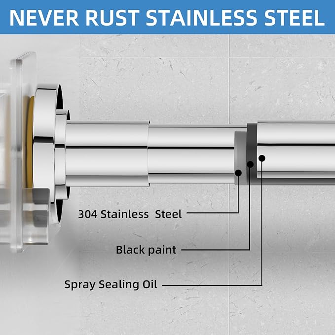 CorkLatta Chrome Shower Curtain Rod,1 Inch Diameter Stainless Steel Adjustable Spring Tension Rods 32 to 68",with Holders,Anti-Slip,Curtain Rods No Drilling(1 Pack)