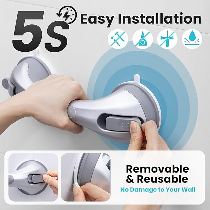 TAILI Shower Handles for Elderly Suction, 2 Pack 12 Inch Shower Grab Bars for Seniors, Grab Bars for Bathtubs and Showers, No Drilling Removable Safety Shower Grip, Silver