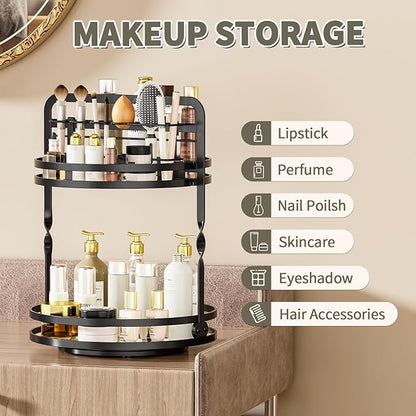 360° Rotating Makeup Organizer, 2-Tier Black Perfume Organizer for Dresser, Bathroom Organizers Countertop, Perfume Shelf with Makeup Brush Holder, Skincare Holder Cosmetic Display(Black)