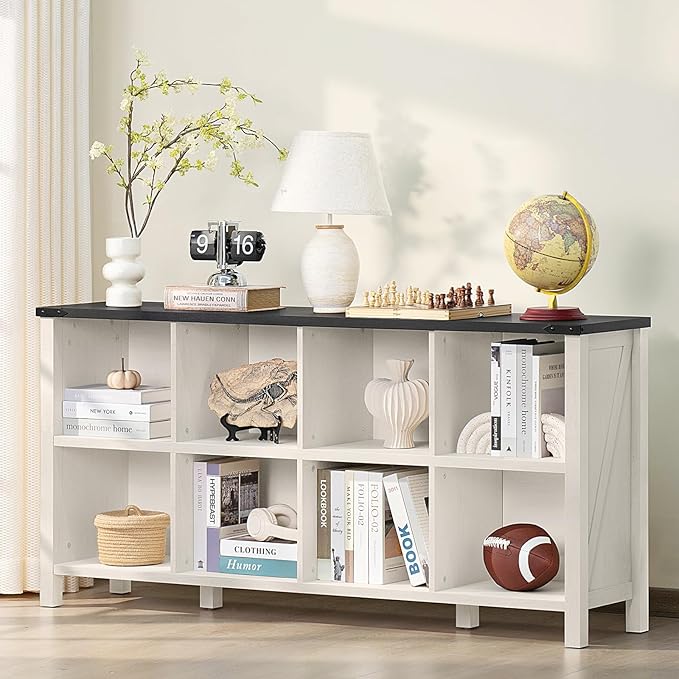 8 Cube Book Shelf, Farmhouse Wood Long Storage Organizer Bookcase, 62" Horizontal Antique White & Black Console Bookshelf, Kids Toy Storage Cabinet, Modern Open Book Case for Playroom, Office
