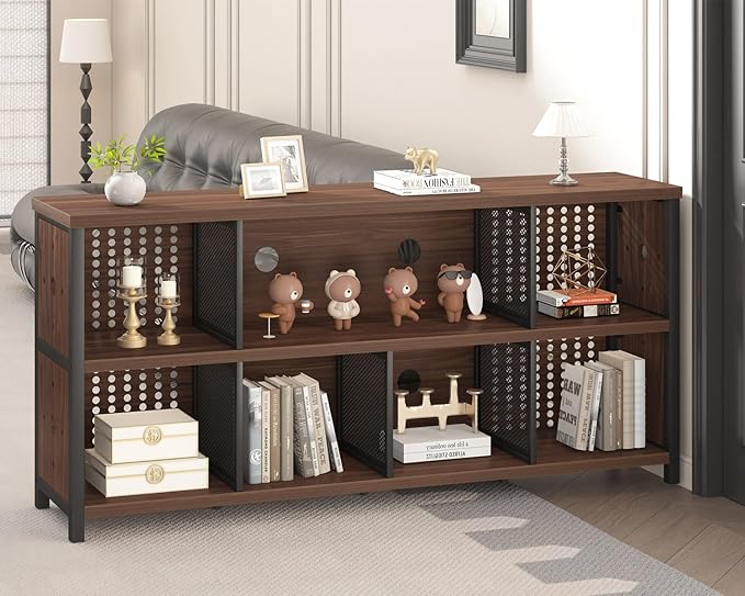 LVB Wood Horizontal Bookshelf, Industrial Long Bookcase Cube Shelf Organizer, Large Wide Low Wooden Metal Cube Book Shelf, Under Window Bookshelves for Office Bedroom Living Room, Walnut, 63 Inch