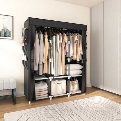 VTRIN Portable Closet for Hanging Clothes 52 Inch Wide Portable Wardrobe Closet with Cover, 6 Storage Shelves and 3 Hanging Rod, Diameter 19mm Metal Pipe, Sturdy Closet for Bedroom, Black