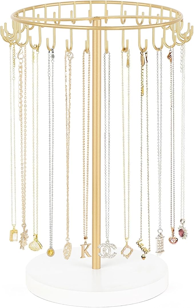 Mkono Necklace Holder Metal Jewelry Display Stand Necklace Organizer with 30 Hooks for Storage and Hanging Bracelet Keychain Home Room Decor for Women,Gold