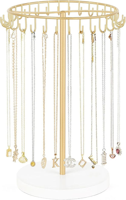 Mkono Necklace Holder Metal Jewelry Display Stand Necklace Organizer with 30 Hooks for Storage and Hanging Bracelet Keychain Home Room Decor for Women,Gold