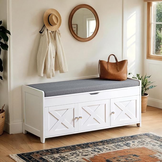 Pipishell 2-Tier Shoe Storage Bench with Cushioned Seat, Entryway Bench with Adjustable Shelf & Barn Doors, 300 lbs Capacity, 43.4" W x 16" D x 18" H, for Entryway, Bedroom, Living Room, White