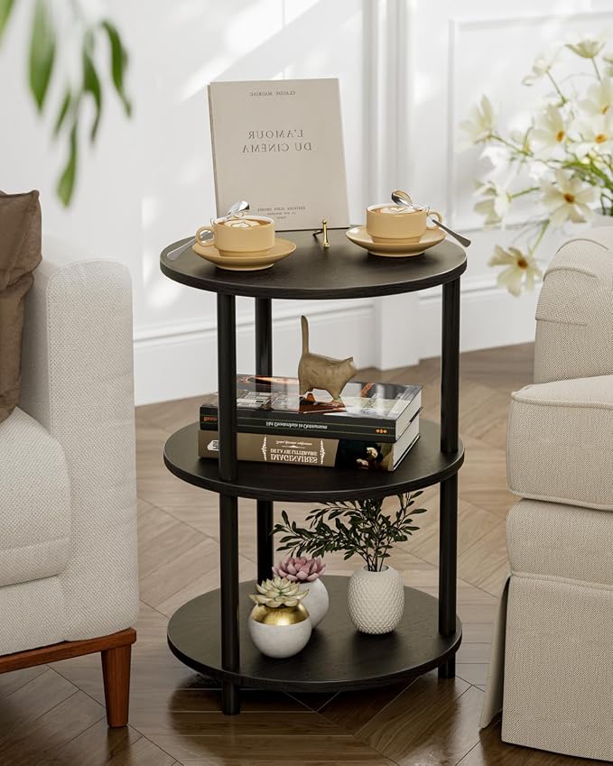 XBurmo Small Round End Table - 3 Tier Design Accent Table, Narrow Side or Bedside Stand, Industrial Vintage Nightstand for Bedroom, Living Room, or Small Spaces, Set of 2, Charcoal Wenge