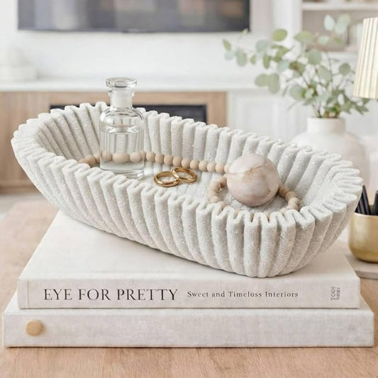 Large Decorative Bowl for Home Decor Long Dough Key Bowls Coffee Table Decor Centerpiece White Ruffle Scalloped Resin Modern Handicraft Bowl for Kitchen Counter Farmhouse Entryway