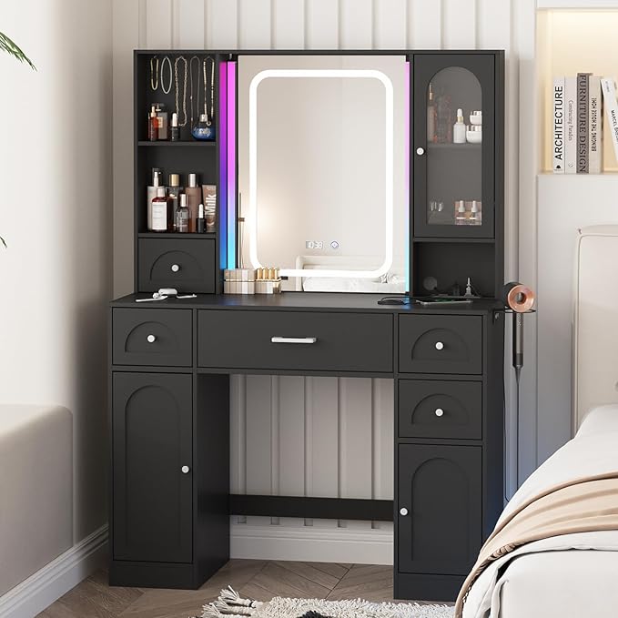 Fameill Black Makeup Vanity Desk with Lights,Makeup Vanity with RGB Lightsand Power Strip,Vanity Table with 5 Drawers Lots Storage & Time Display,3 Lighting Modes Vanity Mirror,41.3in(L)