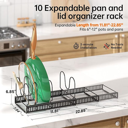 MUDEELA Pots and Pans Organizer Rack for under Cabinet, Expandable Pot Lid Kitchen Cabinet Organizer Holder with 14 Adjustable Compartment Cutting Board Organizer for Pan Lid, Bakeware