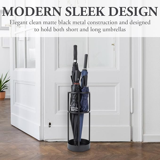 MyGift 20 Inch Tall Modern Round Matte Black Metal Freestanding Entryway Umbrella Rack or Cane Holder with Shelf for Small Umbrellas and Bottom Drip Catch