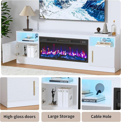 PRETZI Fireplace TV Stand with 36" Fireplace Up to 80" TVs, 70" Entertainment Center with LED Lights, Remote Control, TV Media Console with Storage Cabinets for Living Room, White