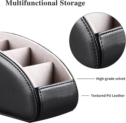 YAPISHI Large Leather TV Remote Control Holder Organizer Black with 5 Compartments Nightstand Desktop Media DVD Player Remote Tray Caddy Storage Box for Mobile Phone Pen Office Stationery Controllers