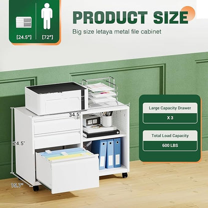Letaya Mobile 3 Drawer File Cabinet with Lock-Metal Lateral Rolling Printer Stand Filing Cabinets for Home Office-Storage A4/F4/Letter (White)