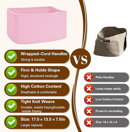 2 Pack Large Storage Basket for Organizing, 17.5"x13.5"x7.5" Woven Basket for Shelves, Closet Cube Storage Bins with Wrapped Handle, Cotton Rope Baskets for Kitchen, Clothes, Toys(Light Pink)