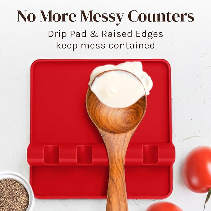 Cooler Kitchen Red Silicone Spoon Rest for Stove Top with Drip Pad (Two Pack) - Heat-Resistant, BPA-Free Utensil Rest & Spoon Holder for Kitchen Counter - Grill Utensil Holder for Spatulas