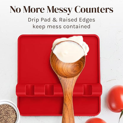 Cooler Kitchen Red Silicone Spoon Rest for Stove Top with Drip Pad (Two Pack) - Heat-Resistant, BPA-Free Utensil Rest & Spoon Holder for Kitchen Counter - Grill Utensil Holder for Spatulas