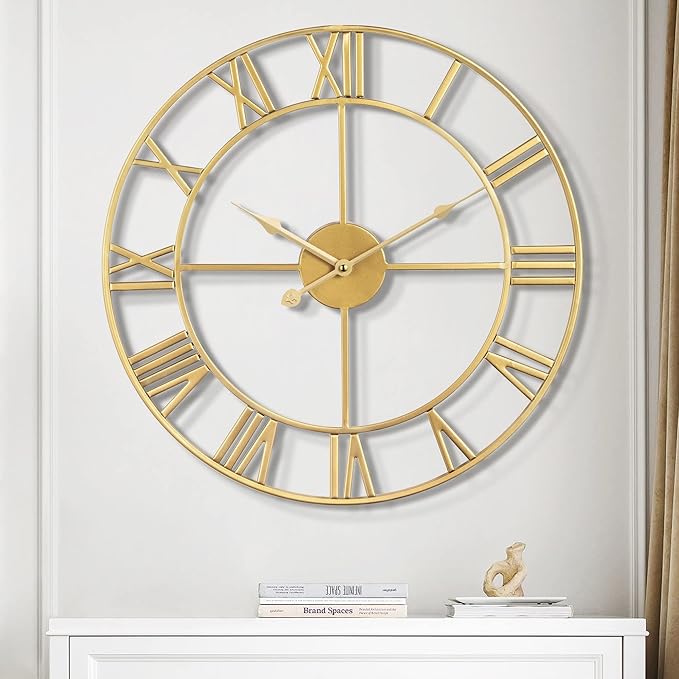 Vintage Retro Roman Numerals Metal Gold Large Wall Clock - 24 Inch Silent Non-Ticking Decorative, Battery Operated for Farmhouse, Kitchen, Bedroom