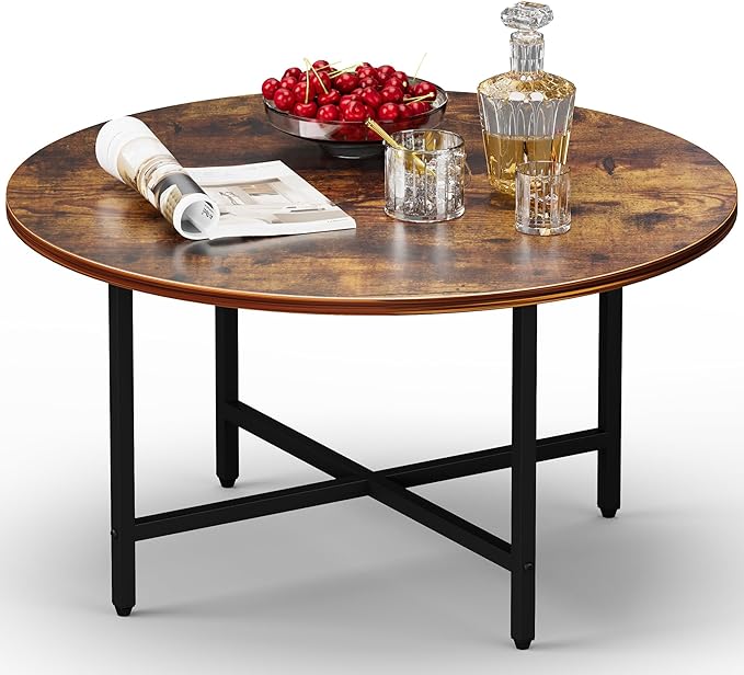 Round Coffee Table, Small Coffee Tables for Living Room, Wood Coffee Table with Metal Frame, Floor Table Desk for Sitting on The Floor, Home, Office, Farmhouse, Rustic Brown (23.6"D x 17.7"H)