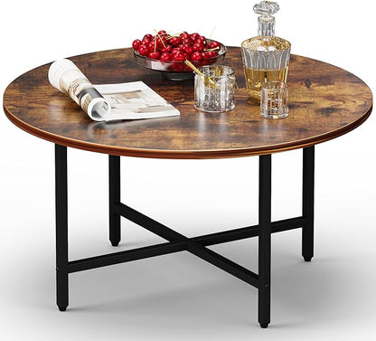 Round Coffee Table, Small Coffee Tables for Living Room, Wood Coffee Table with Metal Frame, Floor Table Desk for Sitting on The Floor, Home, Office, Farmhouse, Rustic Brown (23.6"D x 17.7"H)