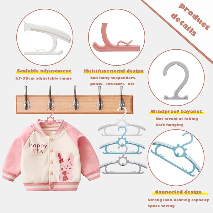 JSF50Pcs Baby Hangers, Adjustable Nursery Children Coat Hanger, Non-Slip Infant Pant Hangers for Newborn Clothes Girl Boy Toddler Infant (Gery)