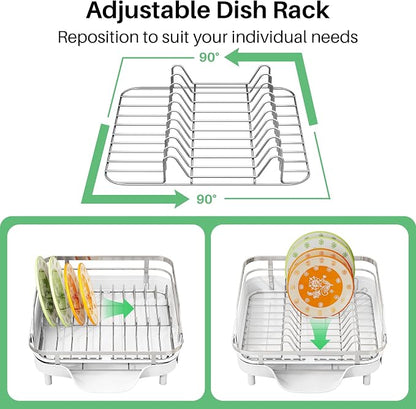SAYZH Dish Drying Rack - Expandable Dish Rack for Kitchen Counter, Rust-Resistant Dish Drainer with Utensil Holder and Raised Guardrail, Kitchen Organizer for Cup and Bottle (White)
