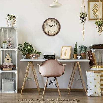 Bernhard Products Vintage Brown Wall Clock Silent Non Ticking 12 Inch Quality Quartz Battery Operated Round Decorative Easy to Read for Home Kitchen Living/Dining Room Bedroom Office Classroom School