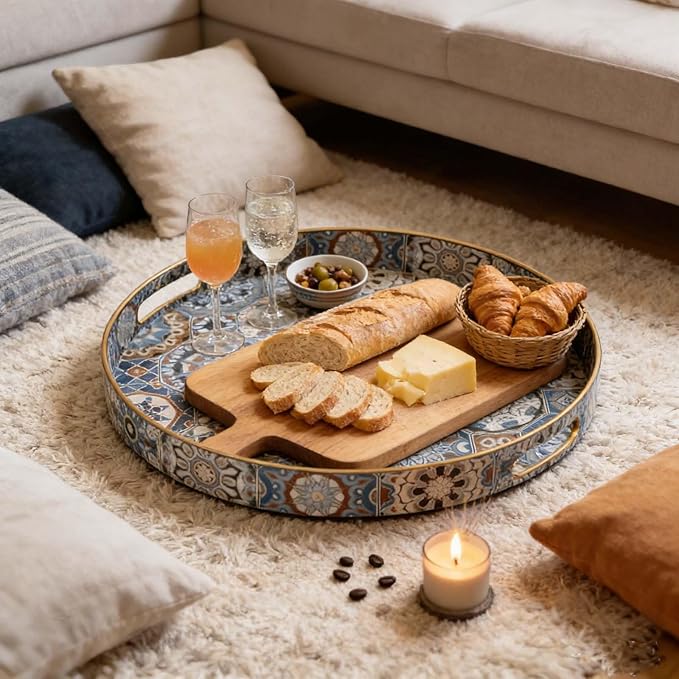 Round Serving Tray with Handles - Boho Coffee Table Tray Ottoman Tray,Large Trays for Ottoman Coffee Table,Modern Decorative Trays for Living Room