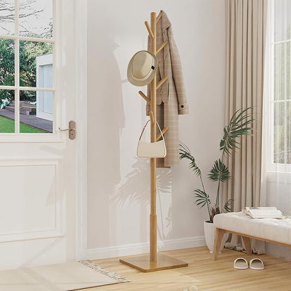Coat Rack Freestanding with Stable Square Base for Cloathes, Hat, Used in Bedroom, Office and Entryway, Sturdy and Easy Assembly Coat Tree with 3 Adjustable Sizes and 8 Hooks, Natural
