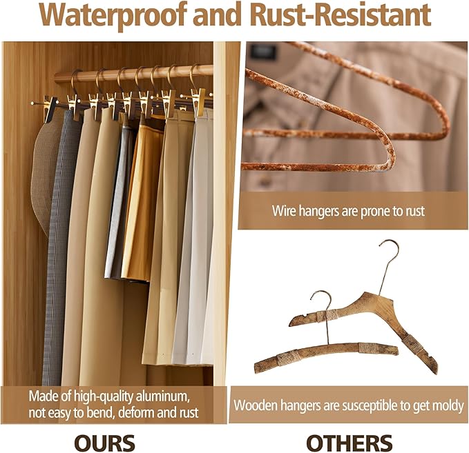 Matte Gold Aluminum Pants Hangers with 360°Swivel Hooks & Non-Slip Adjustable Clips, Lightweight, Durable, Space-Saving Closet Organizer for Trousers, Skirts, Jeans, Scarf, Kids&Adults, 10 Pack