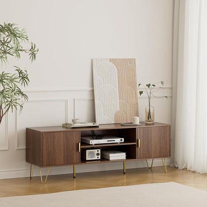 TV Stand for 55-65 Inch TV, Entertainment Center with Soft Hinge Door,TV Console Table with 2 Cabinets with Gold Handle and Feet,for Living Room, Bedroom, Walnut