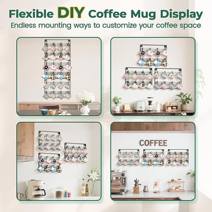 EsLuker.ly Mug Holder Hanger Rack Wall Mounted Wooden 3 Pack Coffee Cup Storage Organizer Display Shelf with 24 Movable Plastic Hooks, Ideal for Mug Collectors, Light Grey-Black