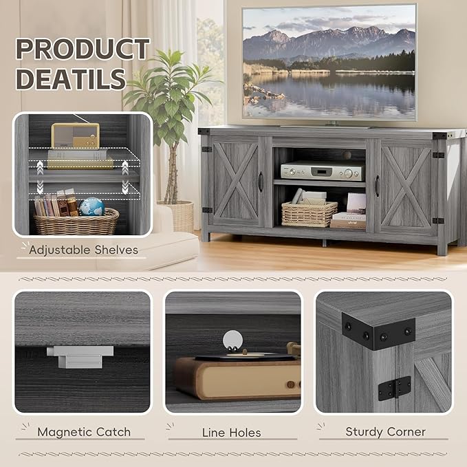 YESHOMY Modern Farmhouse TV Stand with Two Barn Doors and Storage Cabinets for Televisions up to 65+ Inch, Entertainment Center Console, Media Furniture for Living Room, 58 Inch, Gray Wash & Rustic